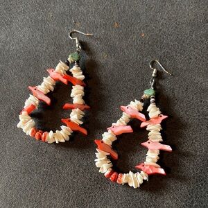 Handmade White Shell & Coral Bird Teardrop Earrings